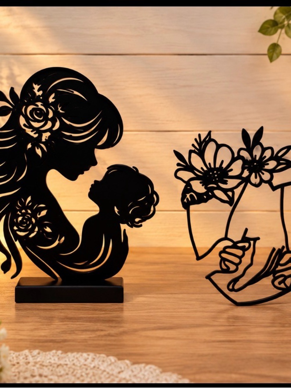 Black Silhouette Mother and Child Decorative Accent - Unbranded